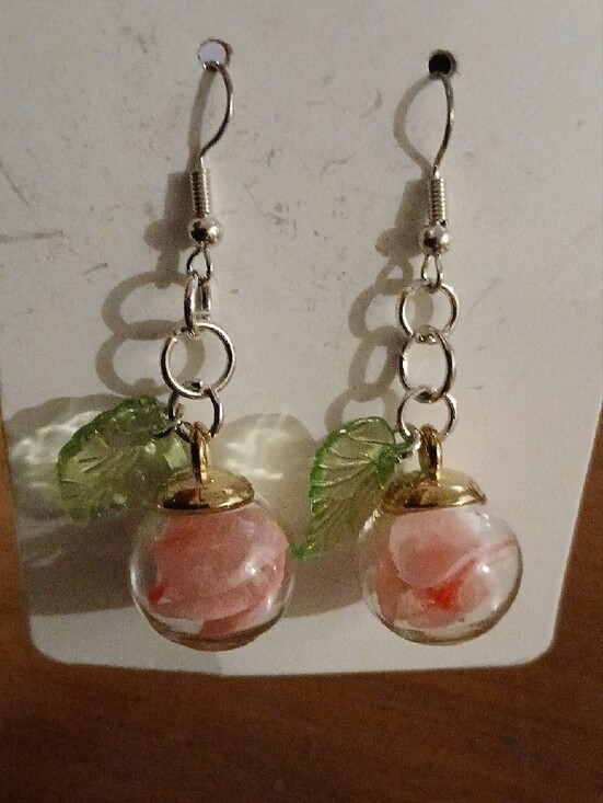 Jewelry - Handmade Pink Glass Flower & Green Leaf Dangle Earrings